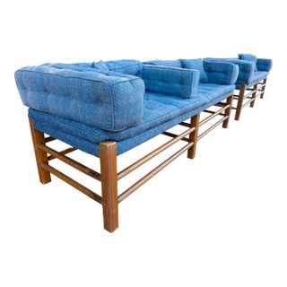 Pair of Mid-Century Modern Pine Frame Benches/Daybeds With Blue Upholstery For Sale