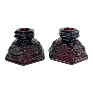 Vintage Art Deco Depression Era Pressed Glass Diamond Point Design Candle Holders - A Pair. For Sale