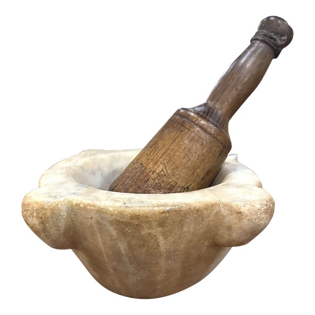 19th Century French Carved White Marble Mortar With Wood Pestle For Sale
