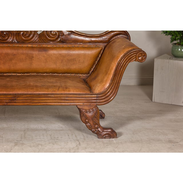Antique Dutch Colonial Settee with Original Leather and Carved Wood Details For Sale - Image 11 of 12