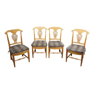 French Country Rustic Pine Leopard & Rush Seat Farmhouse Side Dining Chairs - Set of 4 For Sale