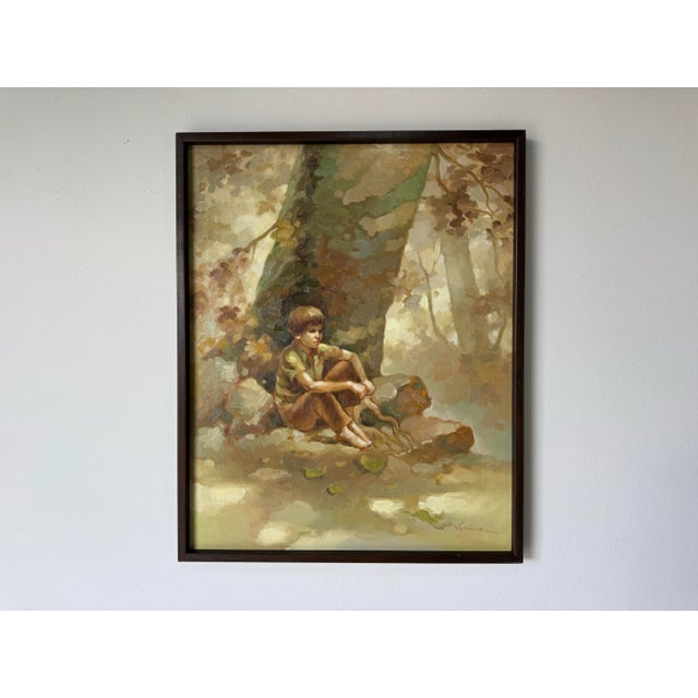 Abstract 1980’s Veryl Grace Child Under Tree Impressionist Landscape Oil on Canvas Painting, Wood Framed For Sale - Image 3 of 11