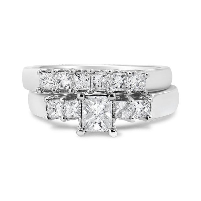 Early 21st Century 14K White Gold 1 1/2 Cttw 5 Stone Princess Diamond Engagement Wedding Ring Set (H-I Color, SI2-I1 Clarity) - Ring Size 7 For Sale - Image 5 of 7