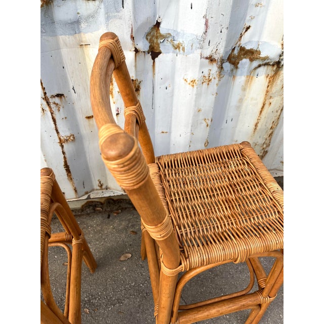 Pair of Coastal Style Rattan Bar Stools, Circa 1970s For Sale - Image 10 of 12