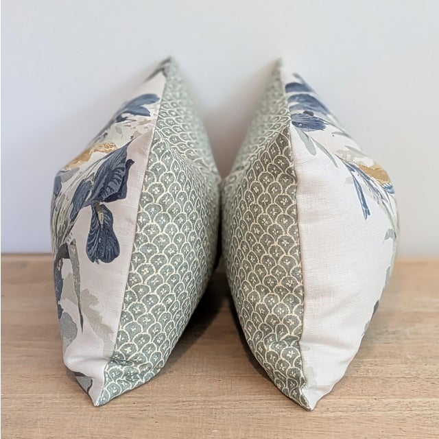 GP & J Baker Birds and Iris lumbars in soft teal (muted blues and greens) with coordinating fun print backs in aqua/green...