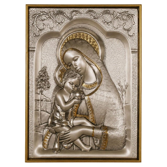 Italian Sterling Silver 925 Madonna and Child Bas-Relief Wall Plaque by Guerrini, 1980s For Sale - Image 4 of 13
