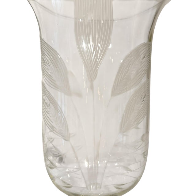 Transparent Pair of Blown Glass Wheat Etched Hurricanes For Sale - Image 8 of 14