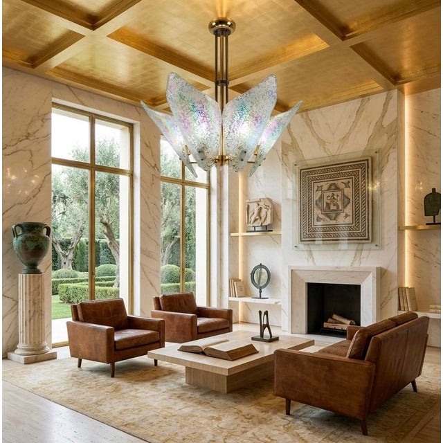 A spectacular Italian chandelier attributed to the Murano tradition of the 1970s, featuring luminous iridescent glass...
