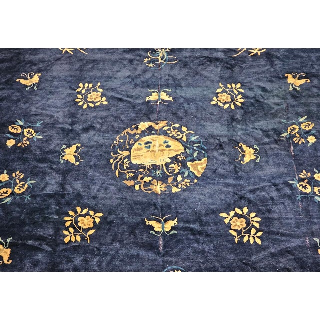 Navy Blue Antique Chinese Art Deco Rug, Hand-Knotted Wool Pile, Floral Motifs, 9' x 12' For Sale - Image 8 of 14