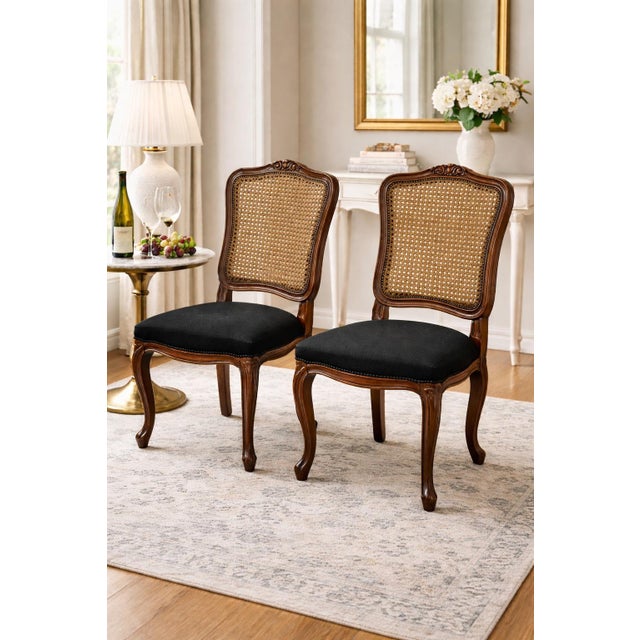 Mid 20th Century Refinished French Provincial Cane-Back Dining Chairs in Old Chapel Walnut With Black Upholstery – Pair For Sale - Image 4 of 8
