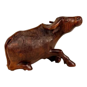 Vintage Traditional Mahogany Asian Water Buffalo Ox Figural Carved Sculpture