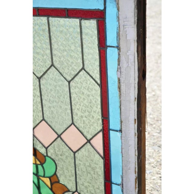 Late 19th Century Antique Art Nouveau Stained Glass Blue Green Orange Fleur De Lis Window For Sale - Image 5 of 11