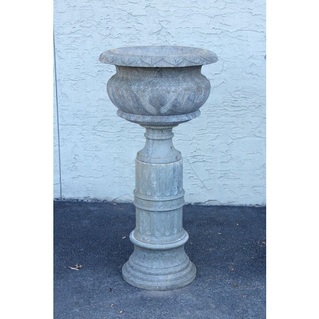 Neoclassical Vintage Pair Of Carved Granite Three Piece Garden Urns On Pedestals For Sale - Image 3 of 18