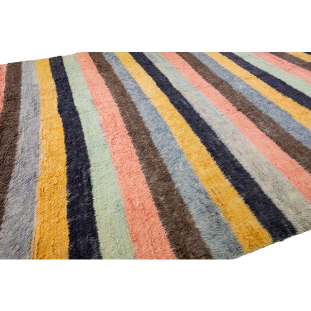 2020s Modern Tulu Handmade Turkish Wool Rug With Multicolor Stripe Motif For Sale - Image 5 of 8