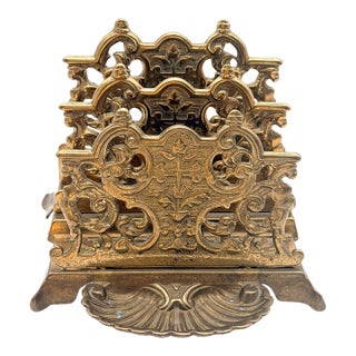 Antique Ornate Brass 2-Slot Desktop Letter Rack With Shell Dish Tray For Sale