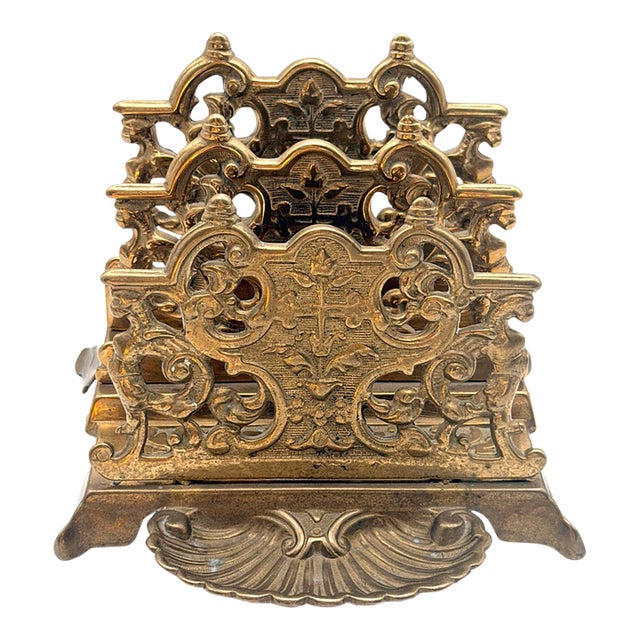 Antique Ornate Brass 2-Slot Desktop Letter Rack With Shell Dish Tray For Sale