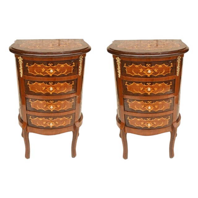 French Louis XV Revival Inlaid Nightstands, Set of 2 For Sale