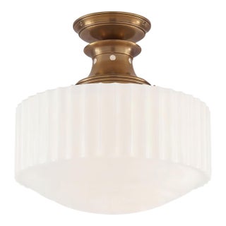 Thomas O'Brien for Visual Comfort Signature Milton Road Flush Mount in Hand-Rubbed Antique Brass With Ribbed White Glass For Sale