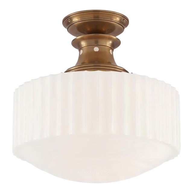 Thomas O'Brien for Visual Comfort Signature Milton Road Flush Mount in Hand-Rubbed Antique Brass With Ribbed White Glass For Sale