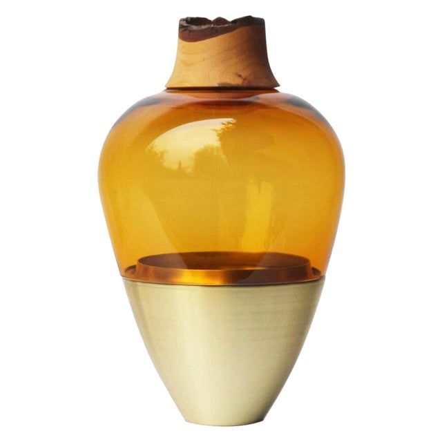 Amber and Brass Sculpted Blown Glass Vase from Pia Wüstenberg For Sale
