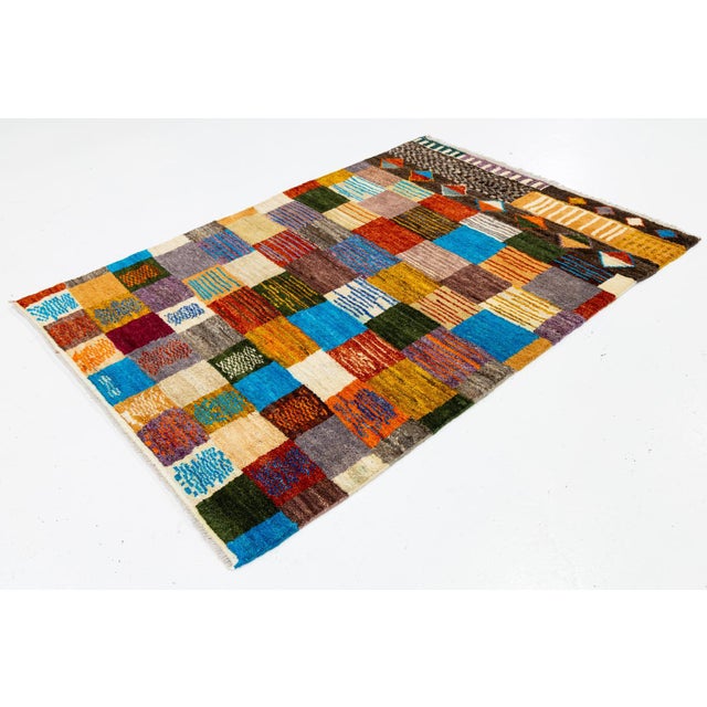 Modern Abstract Baluch Style Wool Rug - Vibrantly Colored Patchwork Checkerboard For Sale - Image 4 of 11