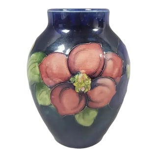 Vintage Walter Moorcroft Clematis Cobalt Blue Tubelined Art Pottery Vase, England For Sale