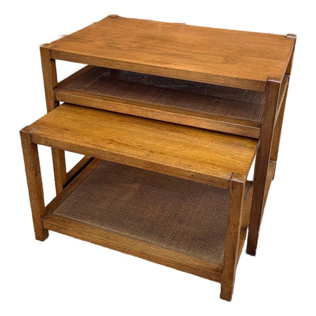 Mid Century Modern Nesting Side Tables With Cane Shelves For Sale