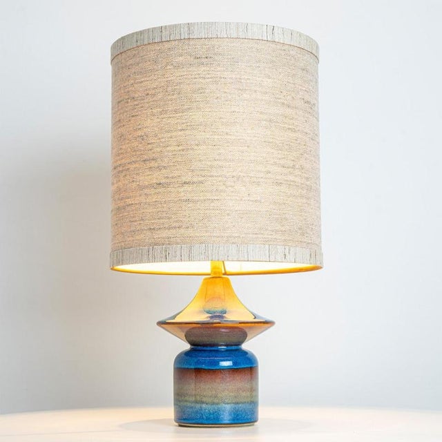 Beige Blue Ceramic Table Lamps with Silk Lampshades from Soholm, Denmark, 1960s, Set of 2 For Sale - Image 8 of 12