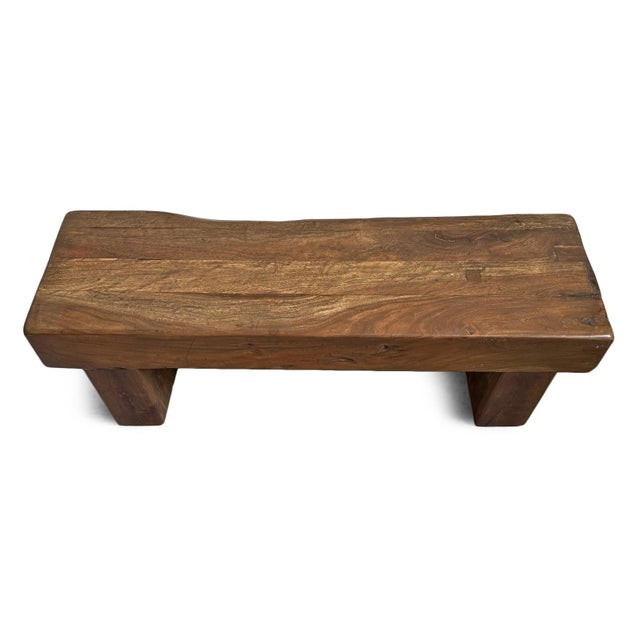 Solid salvaged vintage wood block bench. Thick wood pieces give this bench an impactful presence. 6" thick solid wood top....