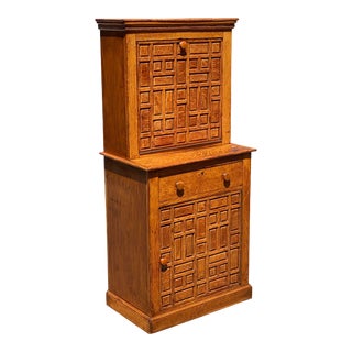 Early 20th Century Antique Arts & Crafts Oak Liquor Cabinet With Geometric Panel Doors For Sale