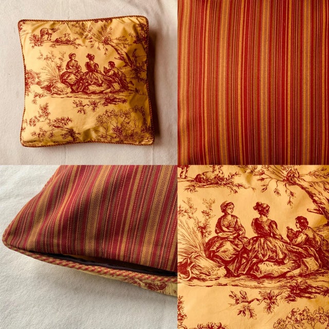 French Country Toile De Jouy Throw Pillow Cover, Eté Pattern, Red and Gold, 20-Inch Square For Sale - Image 3 of 12