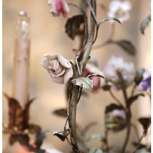 Early 20th Century French Three-Light Tole Chandelier With Porcelain Flowers For Sale - Image 10 of 11