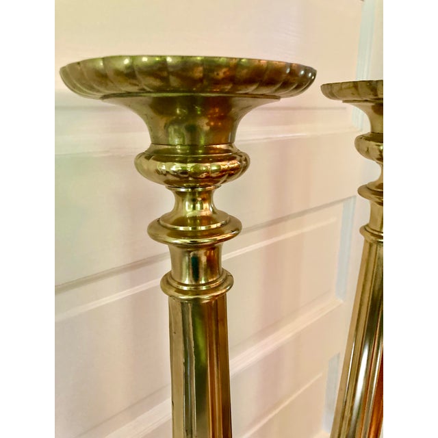 Metal Pair of Vintage Tall Brass Candelsticks For Sale - Image 7 of 8