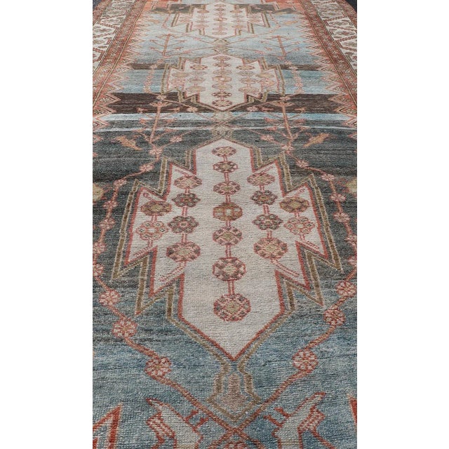 Tribal Antique Geometric Persian Malayer Gallery Runner in Gray, Blue, Light Tera-Cotta and Cream For Sale - Image 3 of 13