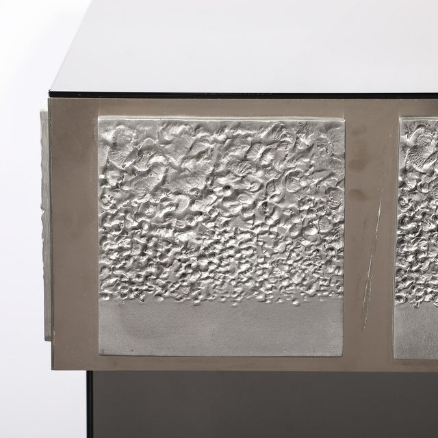 Modernist Mirrored & Polished Steel Console Table W/ Brutalist Tile Motif For Sale - Image 10 of 18
