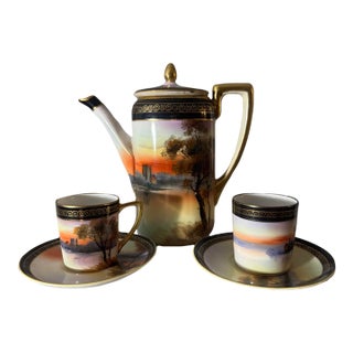 1920s Noritake Hand Painted Sunset Landscape Coffee / Chocolate Set - 5 Pieces For Sale
