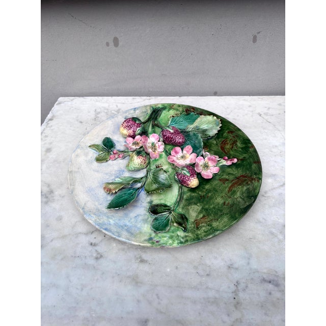 Very Rare Colorful 19th Century French Majolica strawberries wall platter signed Longchamp terre de fer. The fruits are in...