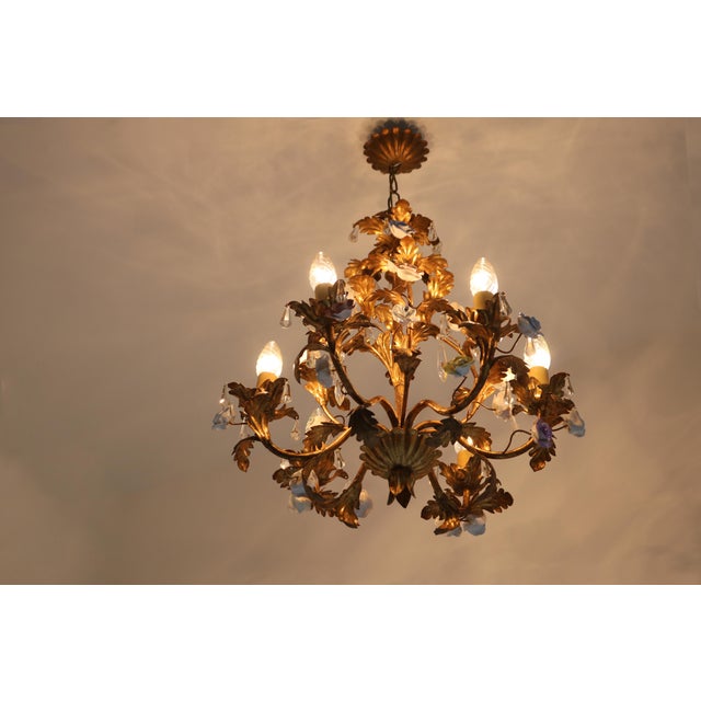 Italian Tôle Chandelier with Ceramic Roses and Crystal Pendants, 1950s For Sale - Image 11 of 13