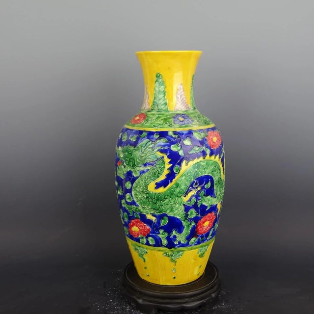 Art Deco Chinese Vintage Ceramic Vase,Ming Dynasty Yongle Marked Yellow Ground Famille Verte Porcelain Guanyin Vase With Dragon Phoenix Relief For Sale - Image 3 of 8