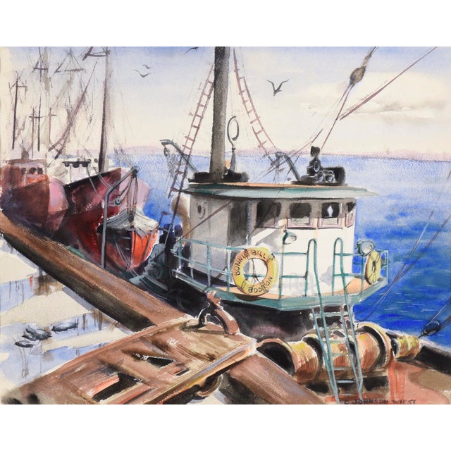 1950s Bonnie Bill - Tugboat at the Dock in Boston - Seascape in Watercolor on Paper by Claire Weist For Sale - Image 5 of 8