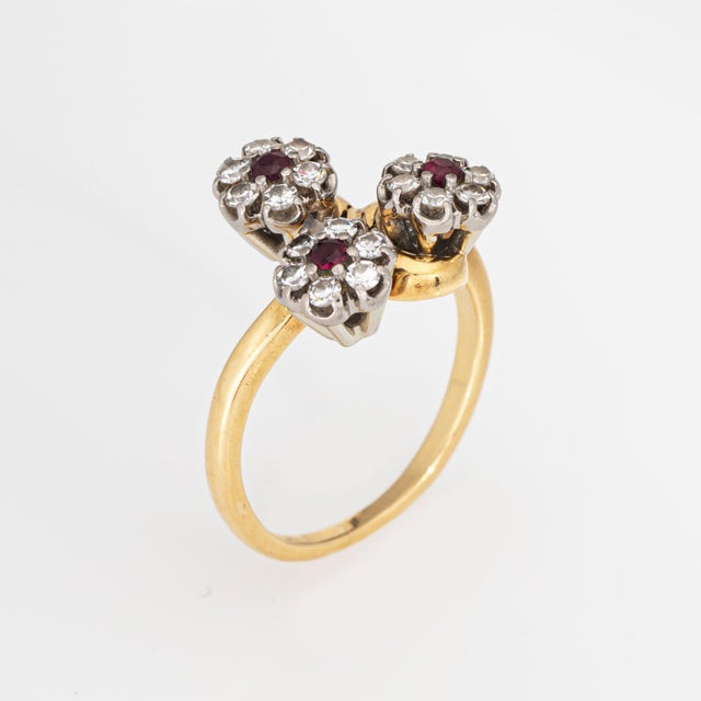 Mid-Century Modern 60s Vintage Jabel Ring Diamond Ruby 3 Flower Posey Cluster Sz 6.75 18k Gold For Sale - Image 3 of 6