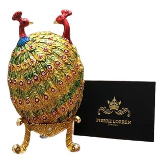 Pierre Lorren Handmade Faberge Egg Style Trinket Peacock Couple Fabergé Egg Style Austrian Crystal Diamond Pure Gold Deco & Handmade Bracelet For Sale