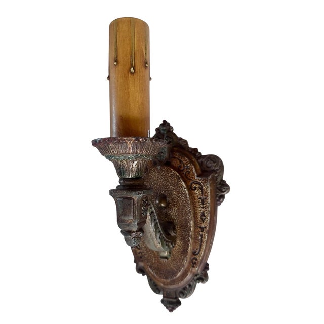 Metal 1920s Leaves SBD Berries Cast Sconces in Original Old Paints - a Pair For Sale - Image 7 of 7