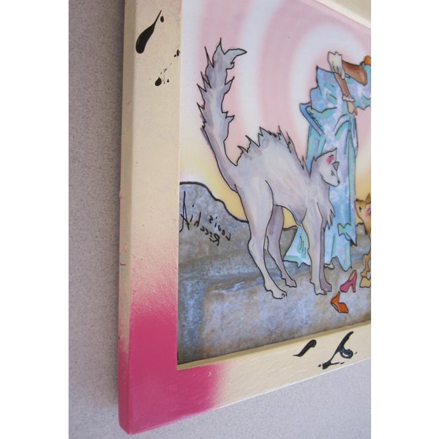 Cat Lovers by Louis Recchia | Mixed-media acrylic on plexiglas depicting a woman with cats and children. For Sale - Image 4 of 5