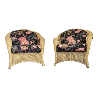 Pair Vintage Wicker Lounge Chairs W/ Floral Cushions For Sale