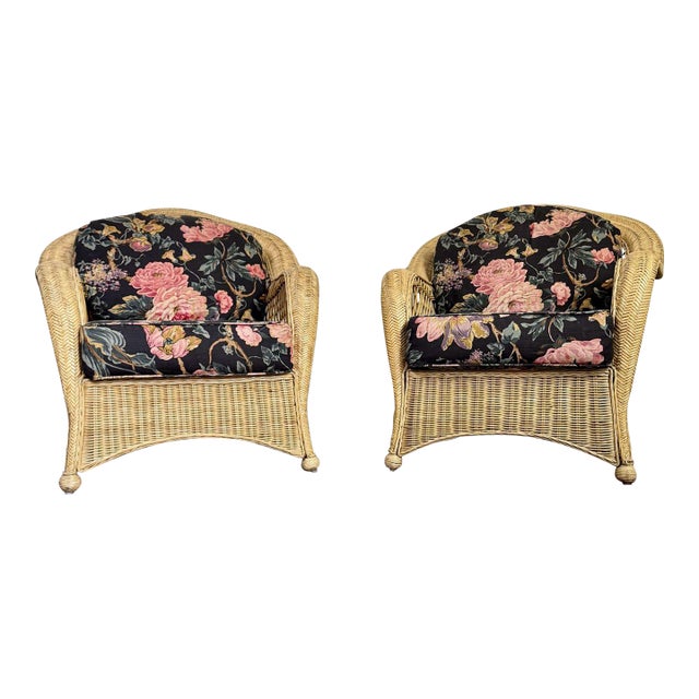 Pair Vintage Wicker Lounge Chairs W/ Floral Cushions For Sale