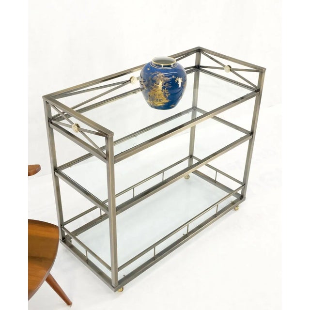 Brass Finish Glass Shelves 3 Tier Serving Bar Serving Cart W/ Gallery For Sale - Image 9 of 13