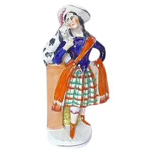 Antique English Staffordshire Woman & Dog Figurine