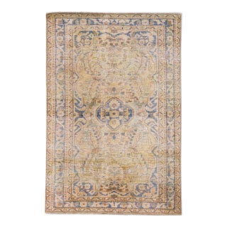 1960s Vintage Persian Distressed Handmade Medallion Beige Wool Rug For Sale