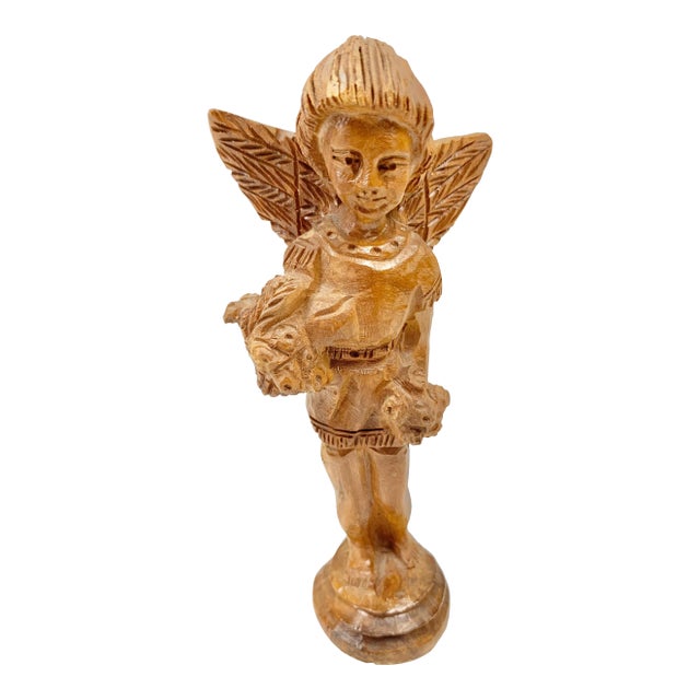 Vintage Hand Carved Wooden Angel Figurine For Sale